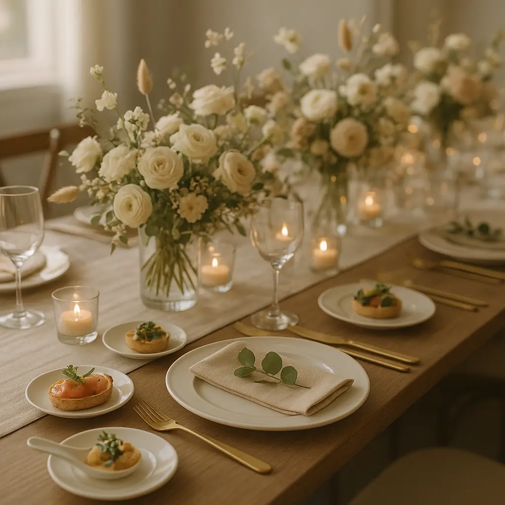 Hochzeits-Catering Setup mit neutraler Dekoration